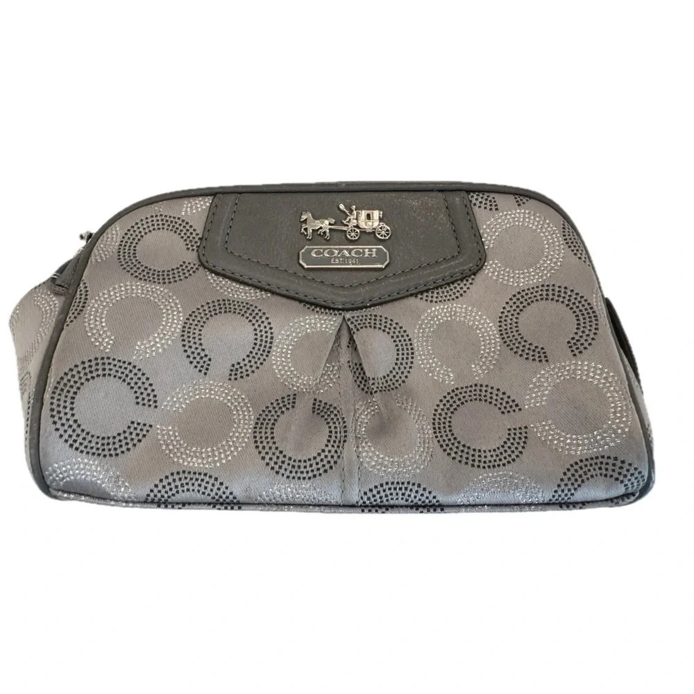 Coach Gray Silver Optic C Vintage Y2K Satin & Leather Carriage Cosmetic Zip Bag